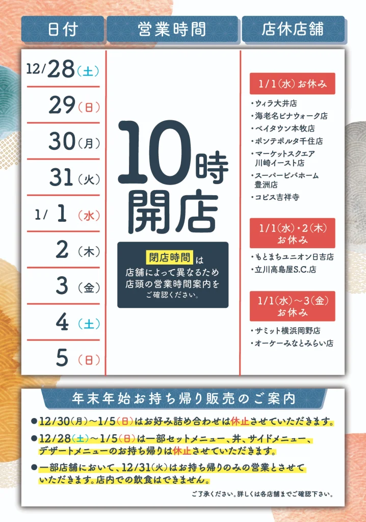 はま寿司 年末年始 営業時間 2025